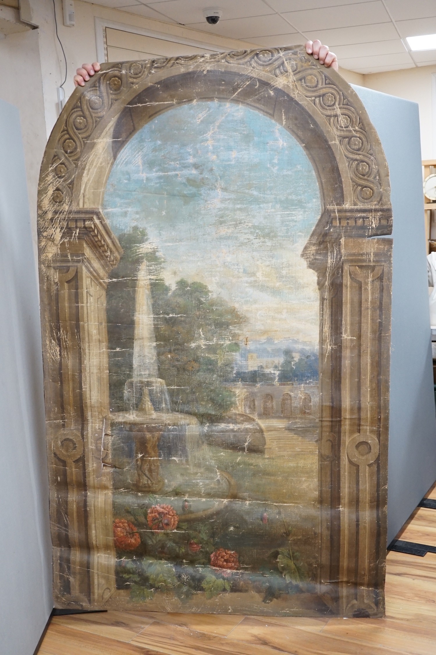 English School c.1900, set of six unstretched oils on canvas, Italianate landscapes painted for murals to be inset into arched niches, approximately 184 x 110cm